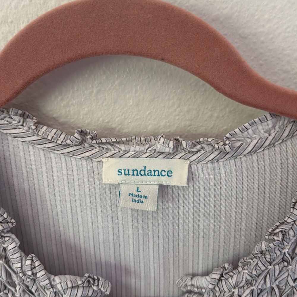 Sundance Marianna Stripe Top Large Gray White Henley Smocked Ruffle Button Up - Picture 9 of 11